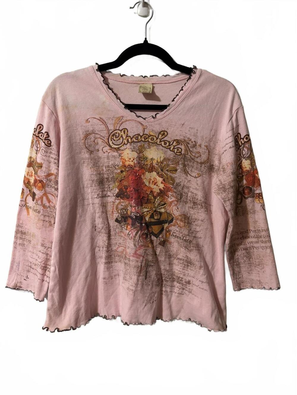 Jess & Jane Y2K Top Womens L/XL Pink Floral Graphic Long Sleeve Scoop Neck